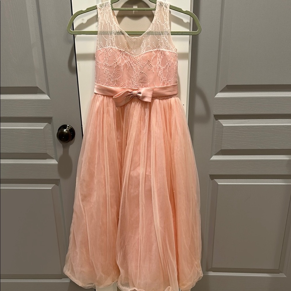 Pink Sleeveless sheer neck formal youth dress lace and bow